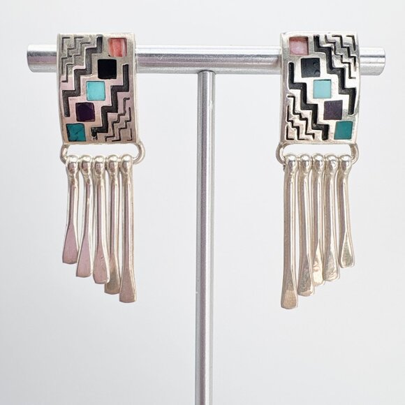 Sterling Silver 925 Native American Multi-Stone Inlay Earrings Size 1.75" Length - Picture 1 of 11